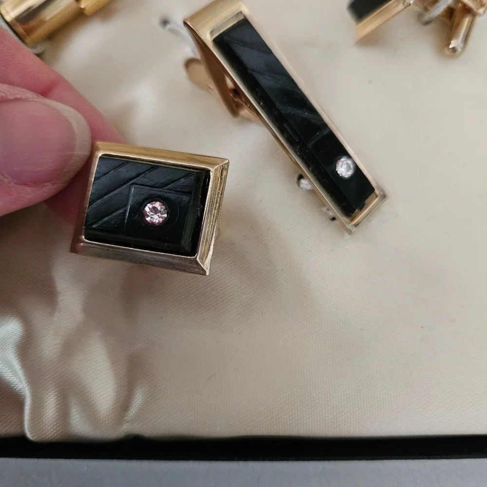 Vintage Waterman's 24KT Gold Plated Cufflinks Tie Bar Pencil Money Clip Set Box
